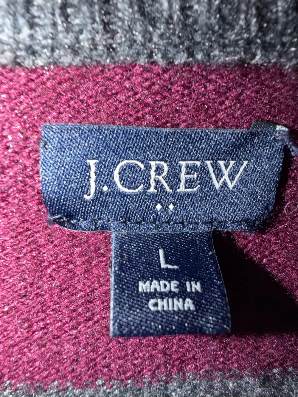 J. Crew lambswool Men's Burgundy and Gray Striped Crewneck Sweater